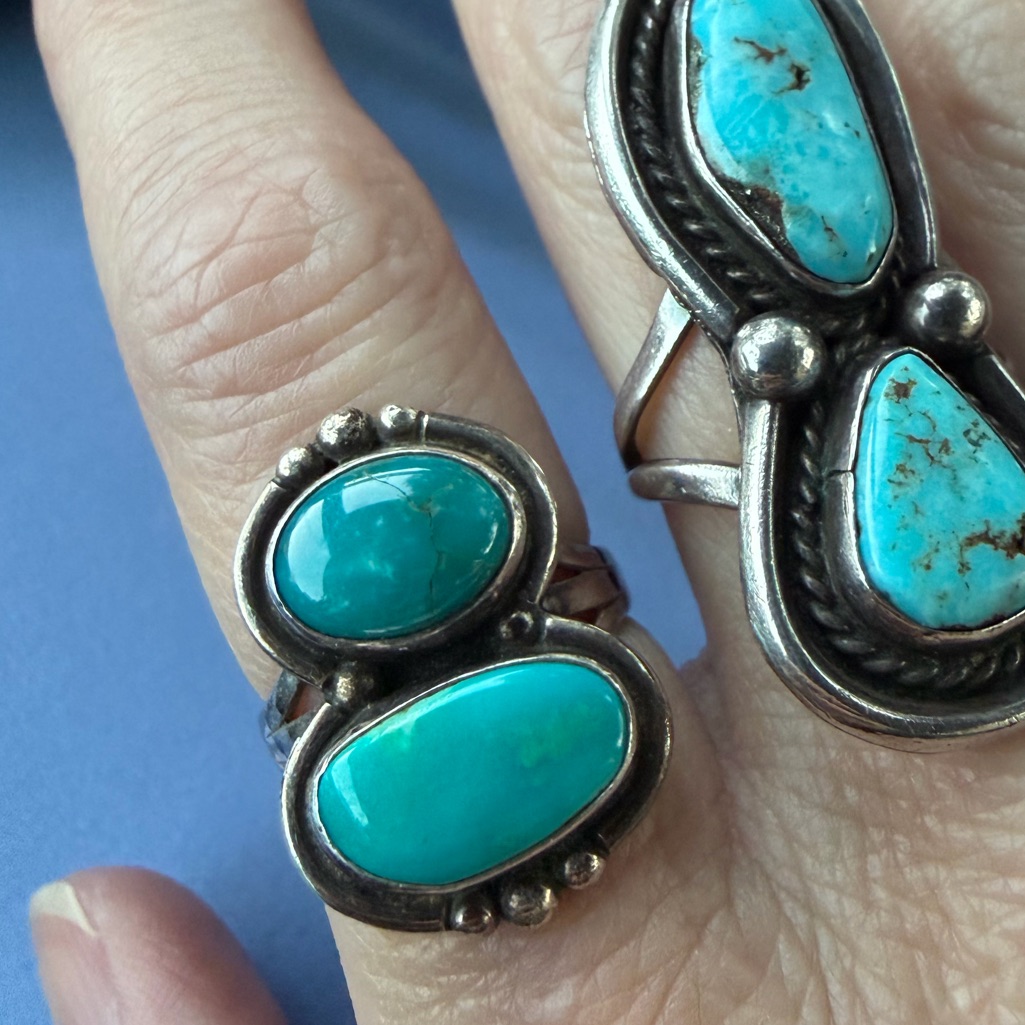 Vintage Tim Bedah Signed Navajo Din Double Turquoise Sterling Silver Ring 6.75